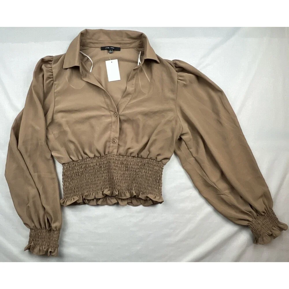 Love Tree Button Up Smocked Waist Puff Sleeve Blouse Large NWT